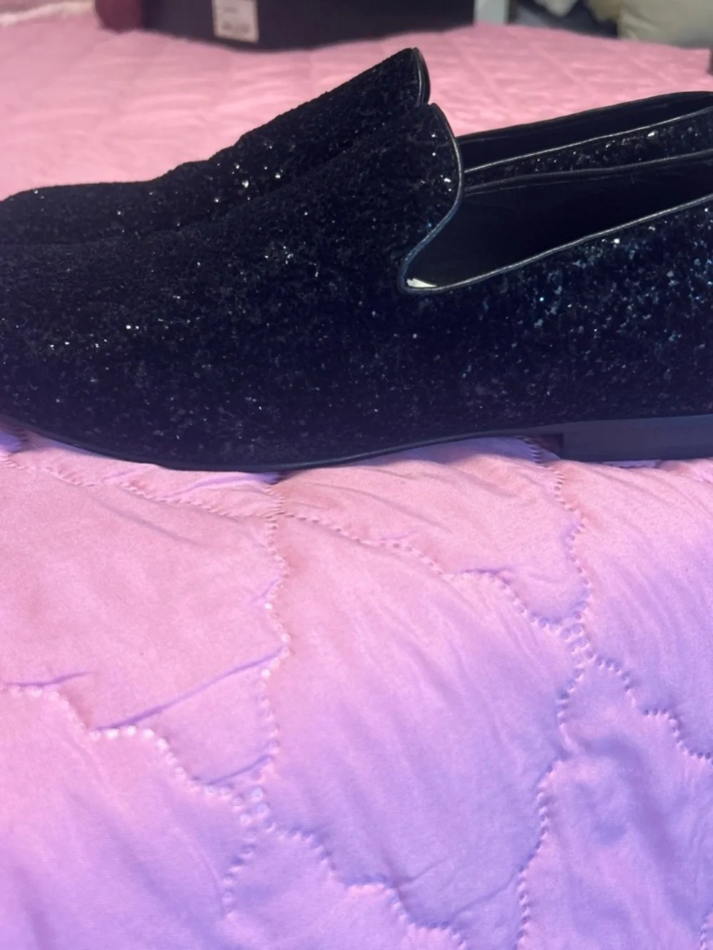 Jimmy Choo Black Glitter Slip-On Loafers